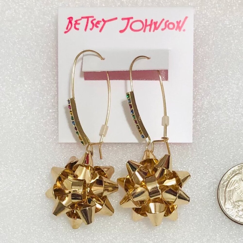 BETSEY JOHNSON Earrings Gold Tone Bow Pave Crystal Rhinestone Holiday Gift BJ5